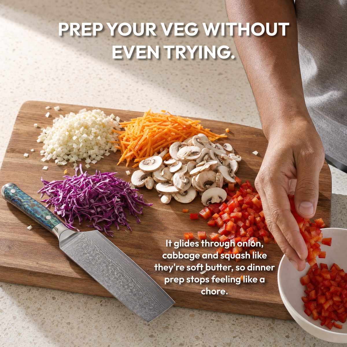 Nakiri Vegetable Knife 18 cm, Galaxy Aurora, prepping onion, cabbage, mushrooms and peppers