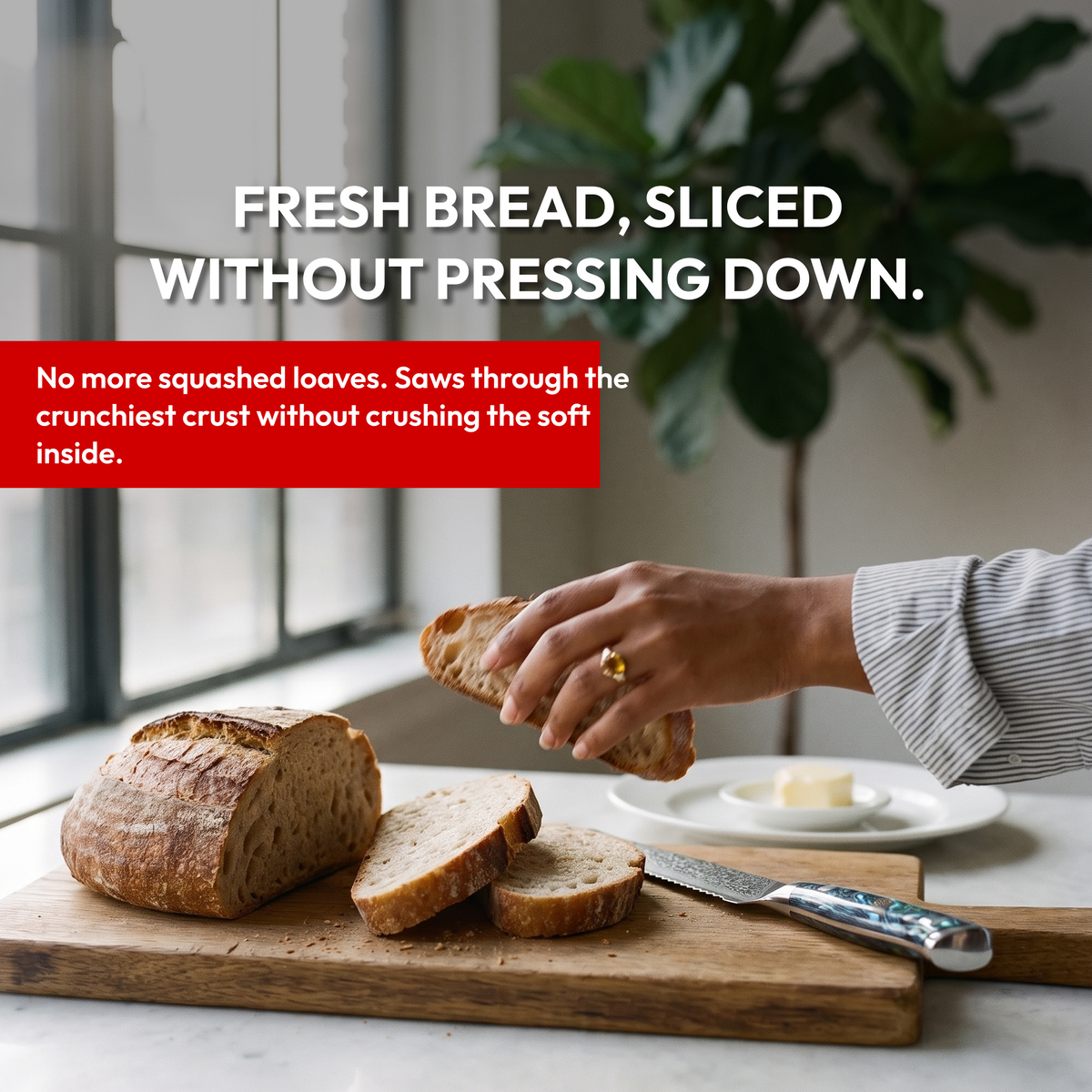 Bread Knife 19 cm, Galaxy Aurora, slicing fresh bread without pressing down