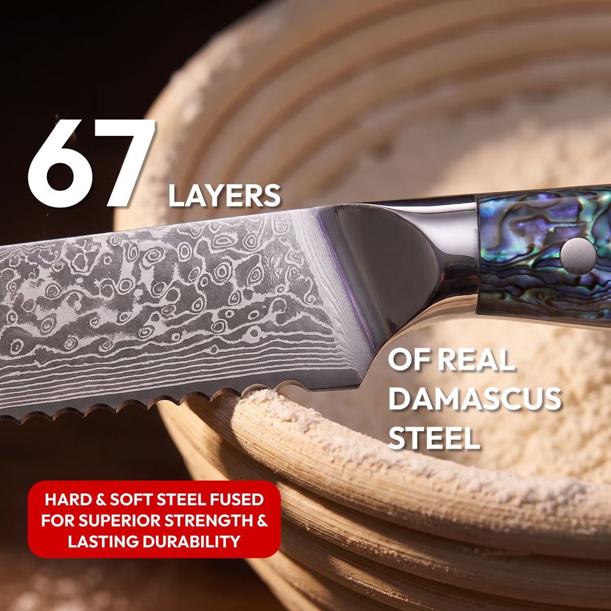 Bread Knife 19 cm, Galaxy Aurora, close-up of 67-layer Damascus steel serrated blade