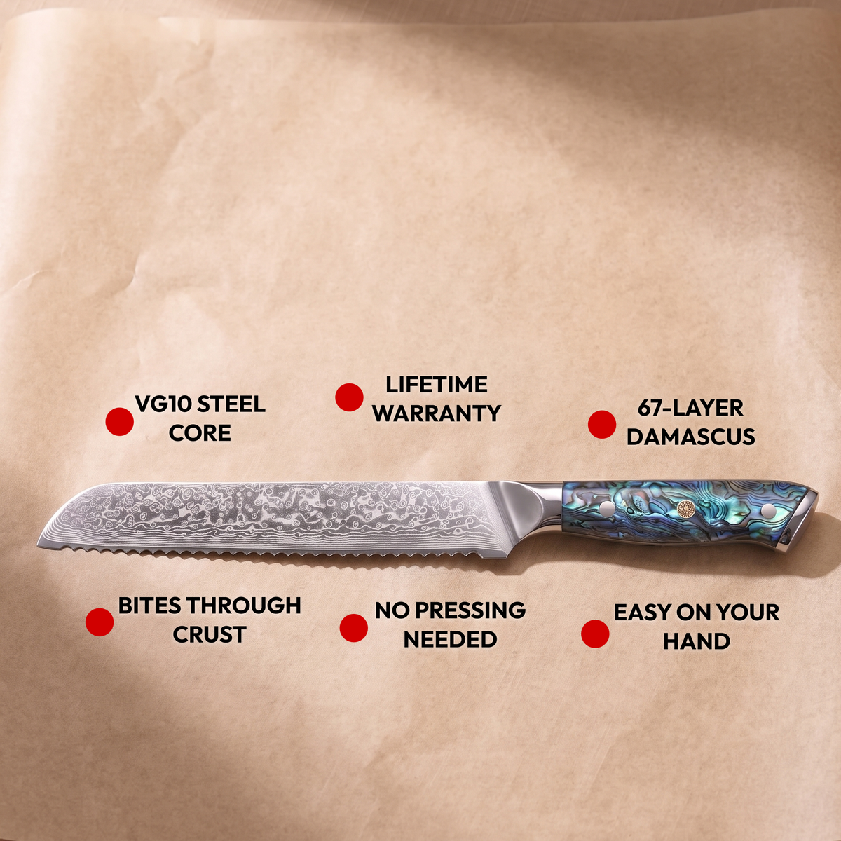 Bread Knife 19 cm, Galaxy Aurora, features: VG10 steel core, 67-layer Damascus, lifetime warranty