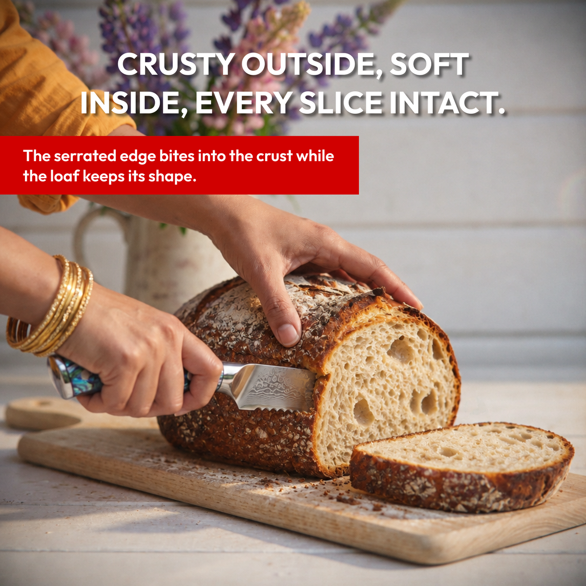 Bread Knife 19 cm, Galaxy Aurora, slicing a crusty sourdough loaf