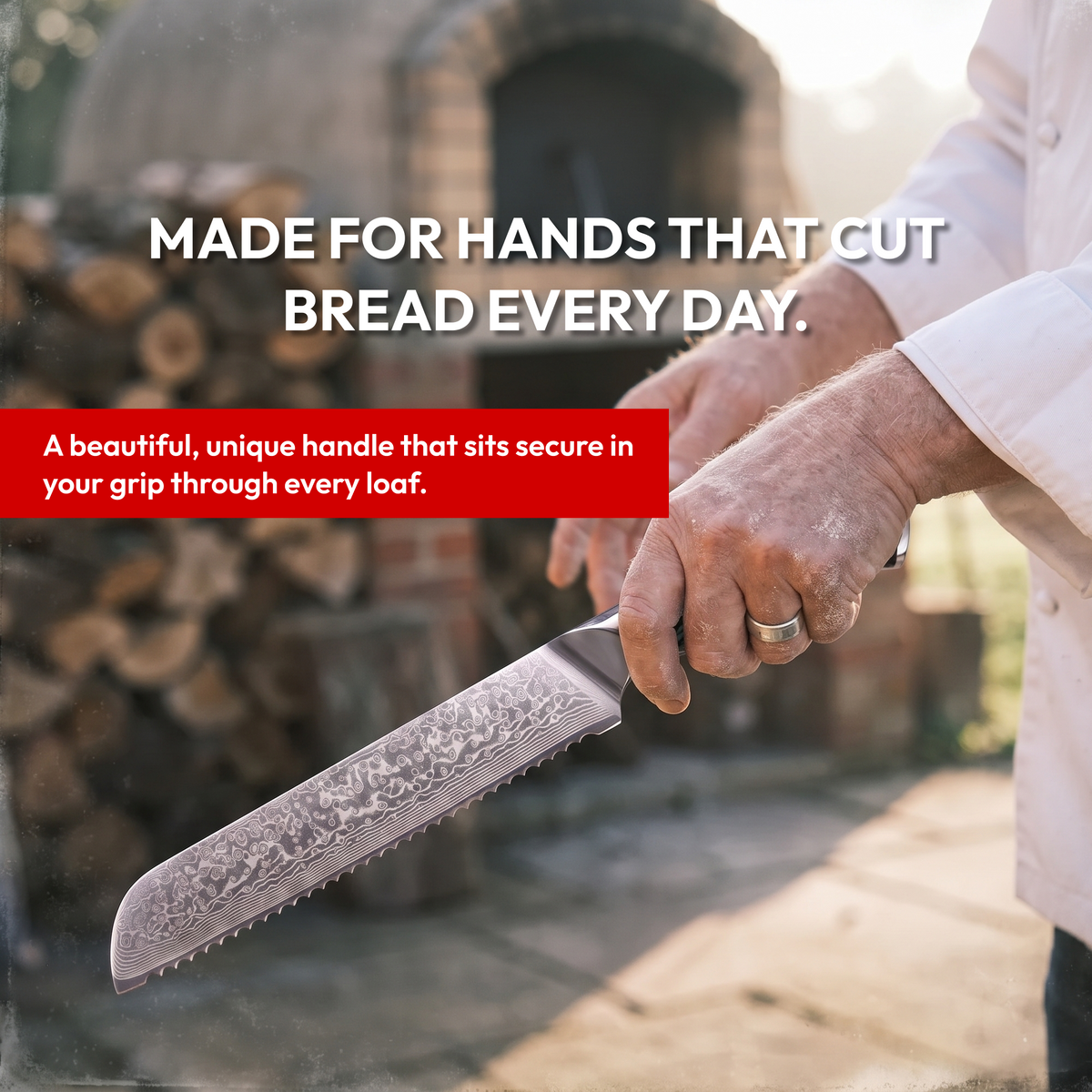 Bread Knife 19 cm, Galaxy Aurora, abalone shell handle in hand outdoors