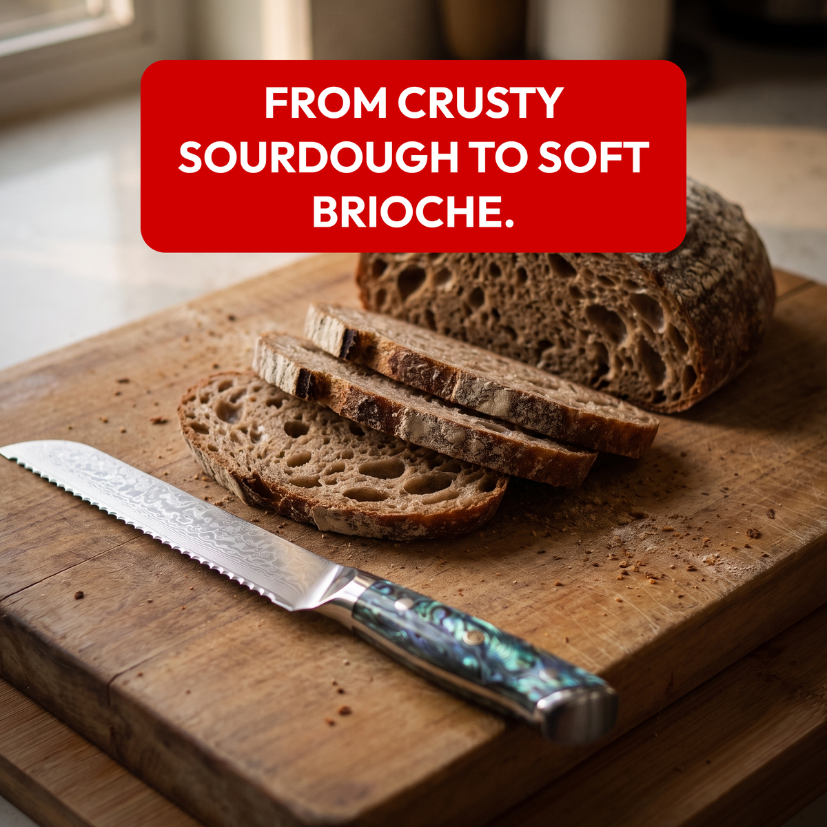 Bread Knife 19 cm, Galaxy Aurora, with sliced sourdough on a wooden board