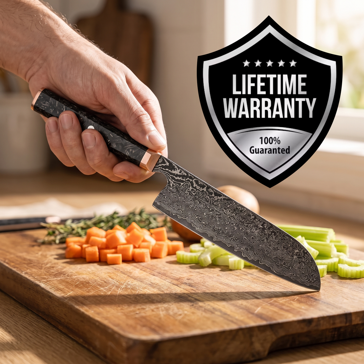 Santoku Knife 17 cm, Galaxy Obsidian, in hand over diced vegetables with lifetime warranty badge