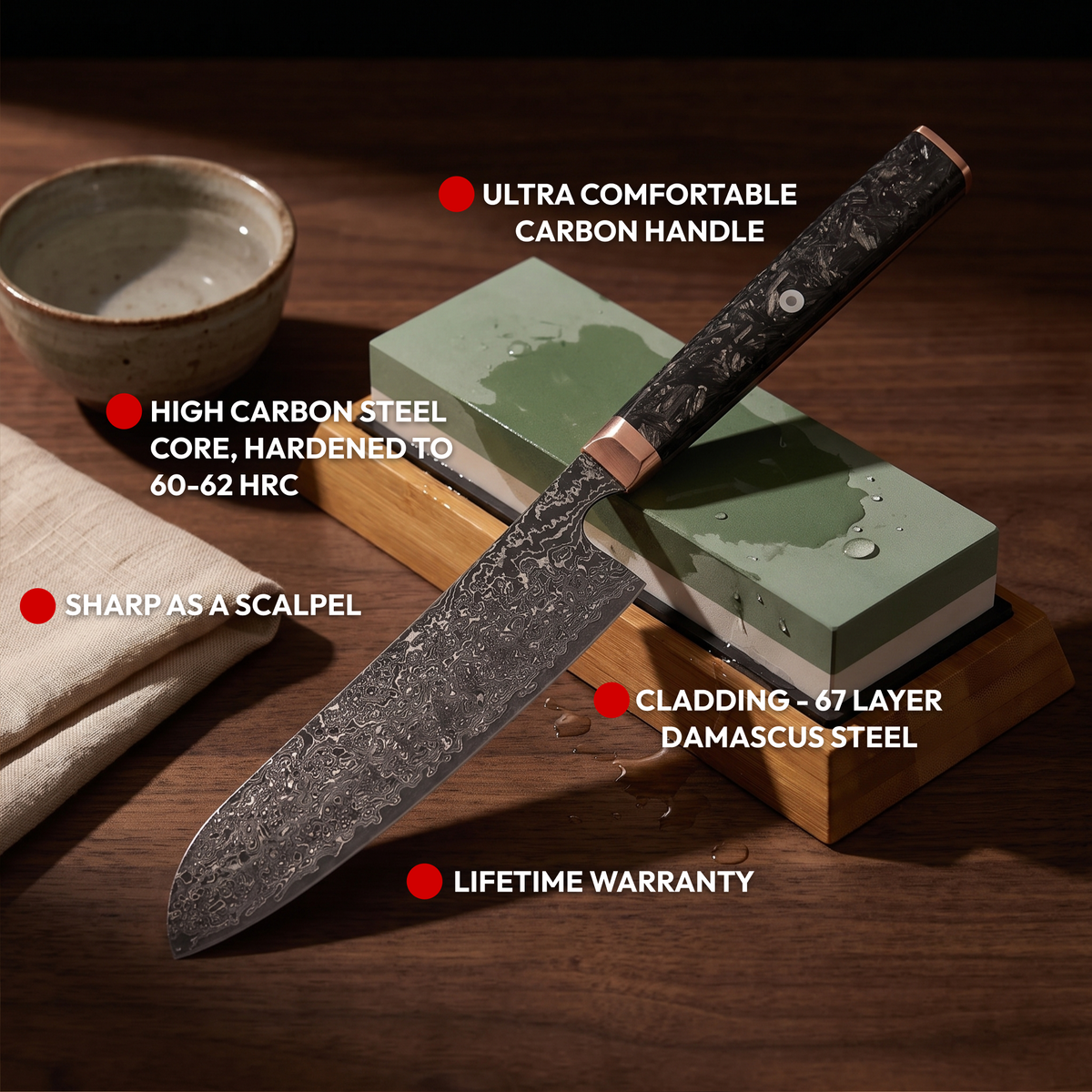 Santoku Knife 17 cm, Galaxy Obsidian, features: carbon handle, high carbon steel core, lifetime warranty