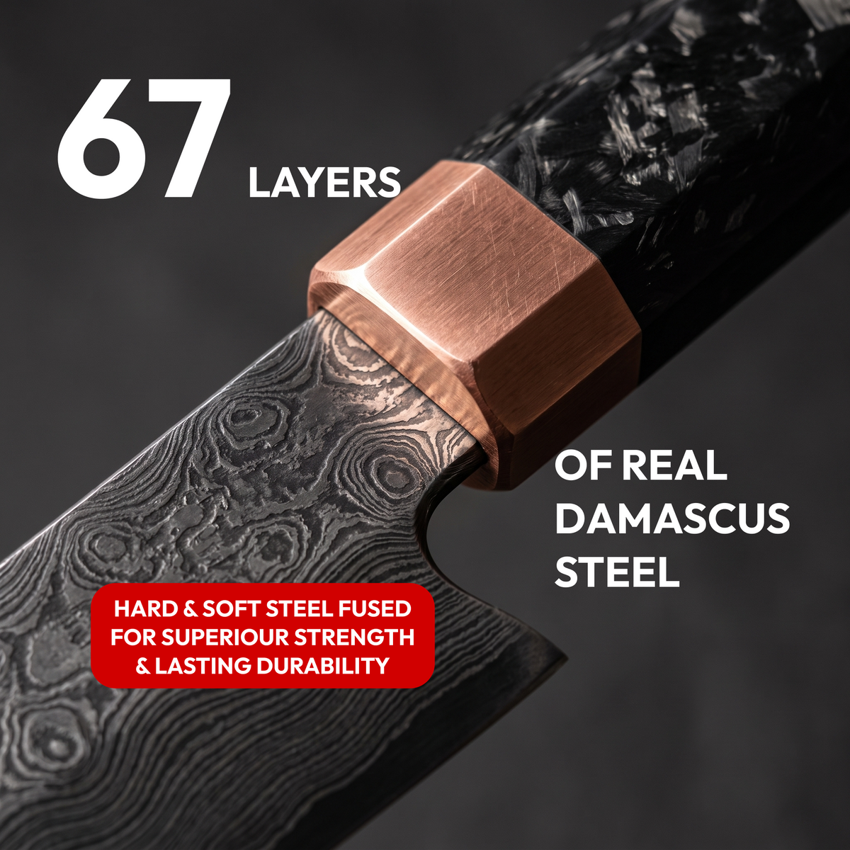 Santoku Knife 17 cm, Galaxy Obsidian, close-up of 67-layer Damascus steel blade and copper bolster