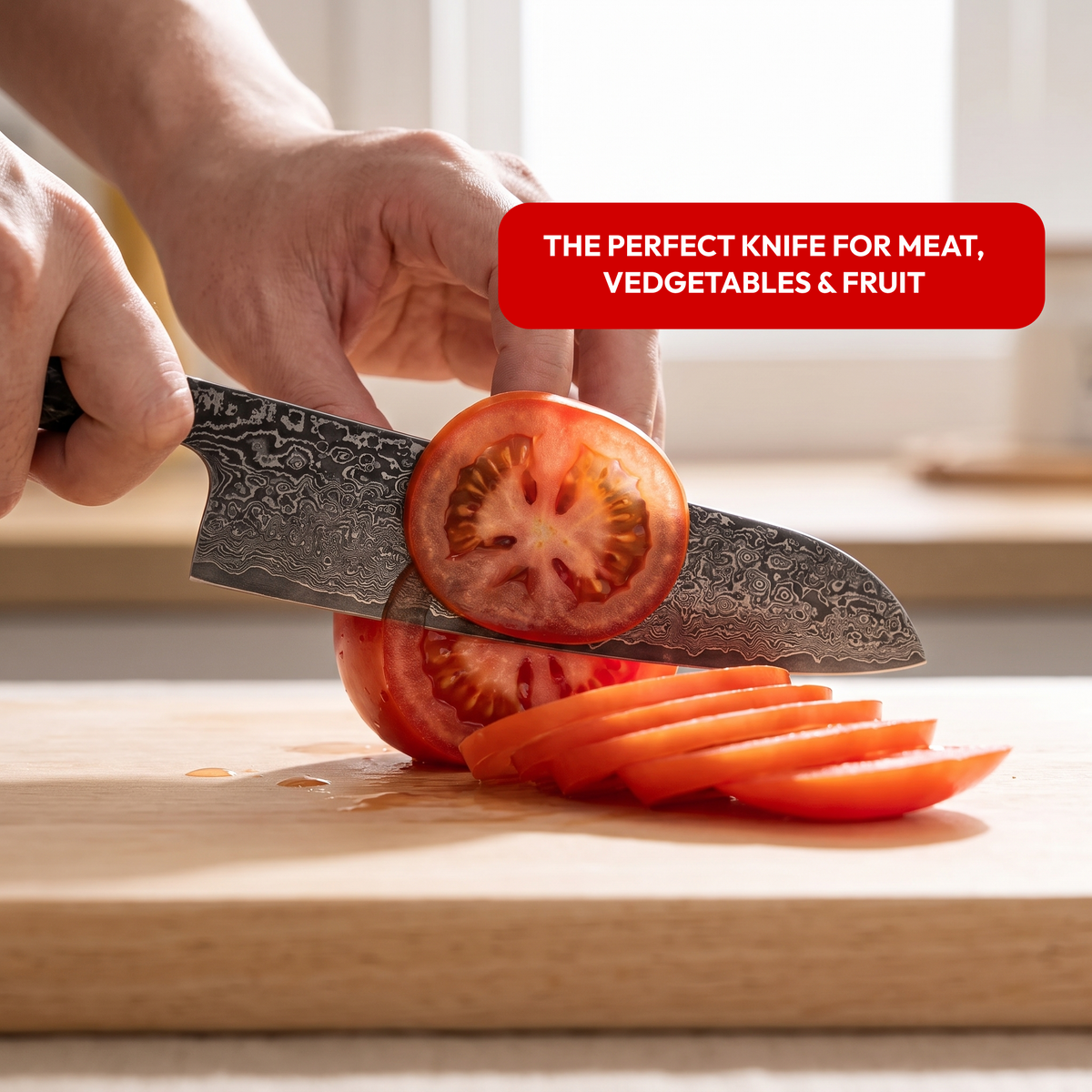 Santoku Knife 17 cm, Galaxy Obsidian, slicing a tomato