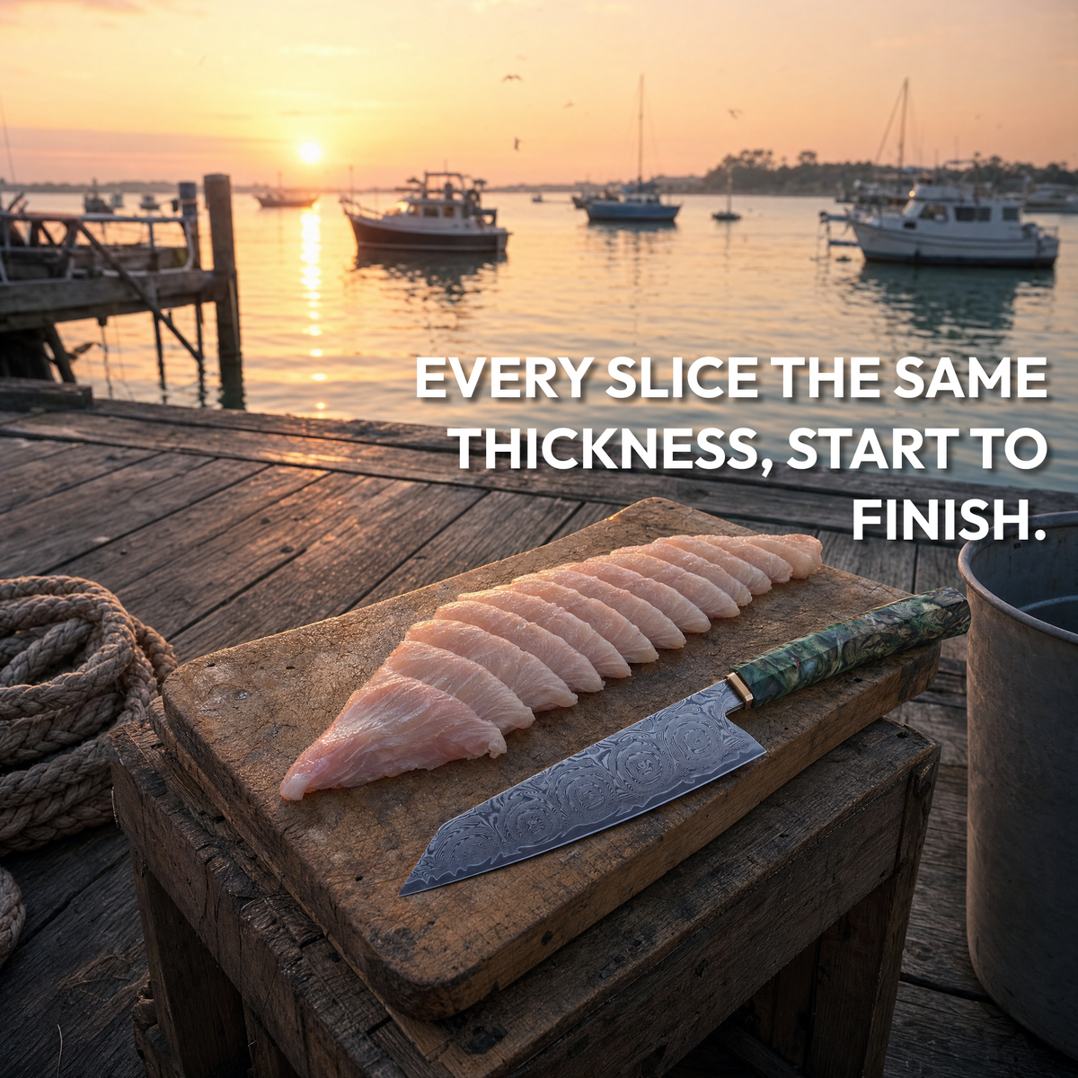 Kiritsuke Knife 20 cm, Galaxy Midori no Shō, with sliced fish on a harbour jetty at sunset