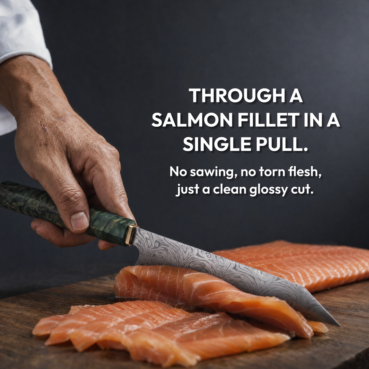 Kiritsuke Knife 20 cm, Galaxy Midori no Shō, slicing a salmon fillet