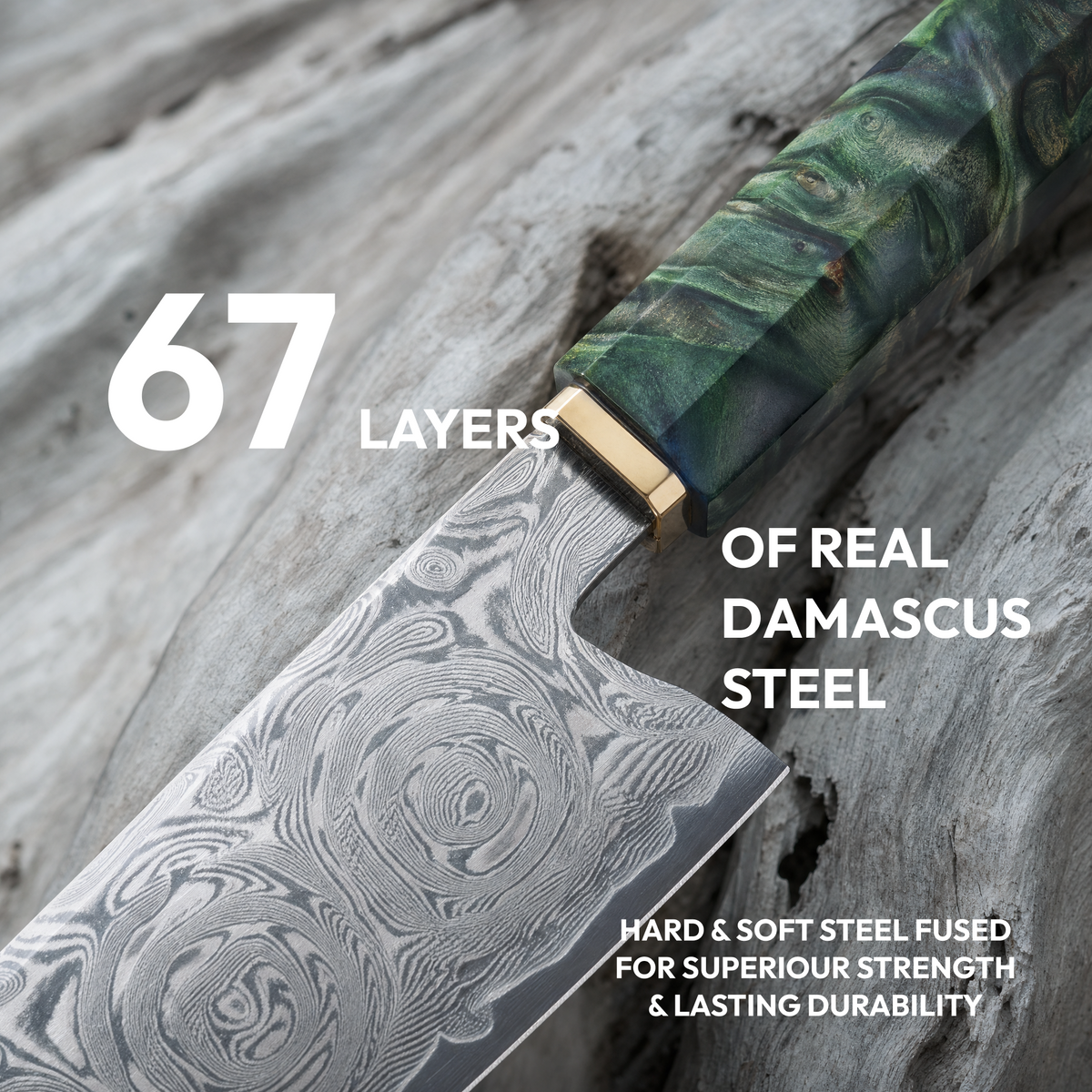 Kiritsuke Knife 20 cm, Galaxy Midori no Shō, close-up of 67-layer Damascus steel blade and green wood handle