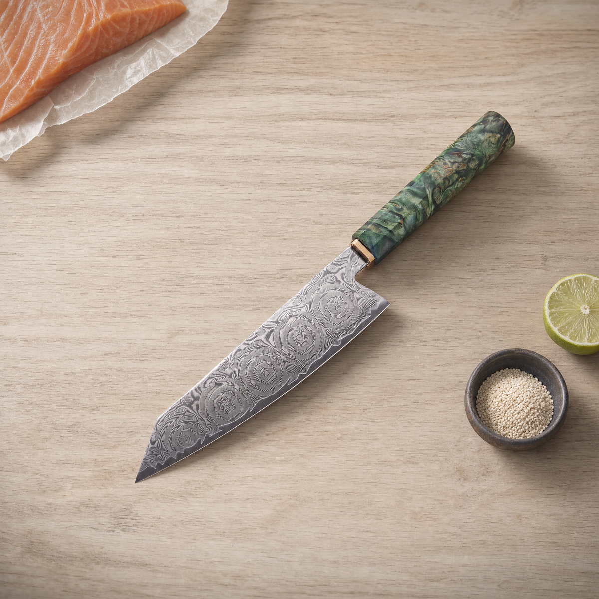 Kiritsuke Knife 20 cm, Galaxy Midori no Shō, on a wooden table with lime and sesame