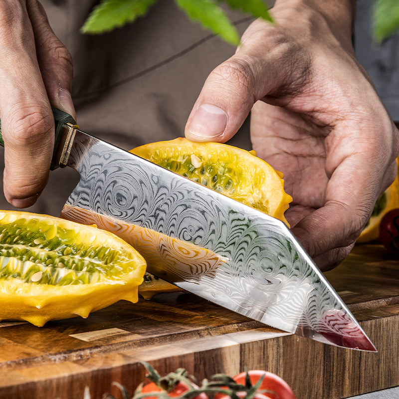 Bunka Knife 13 cm, Galaxy Midori no Shō, slicing a horned melon
