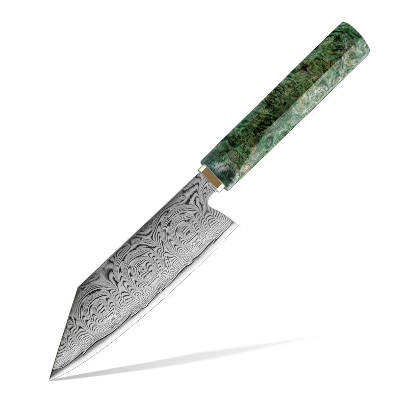 Bunka Knife 13 cm, Galaxy Midori no Shō, full view of Damascus blade and green wood handle