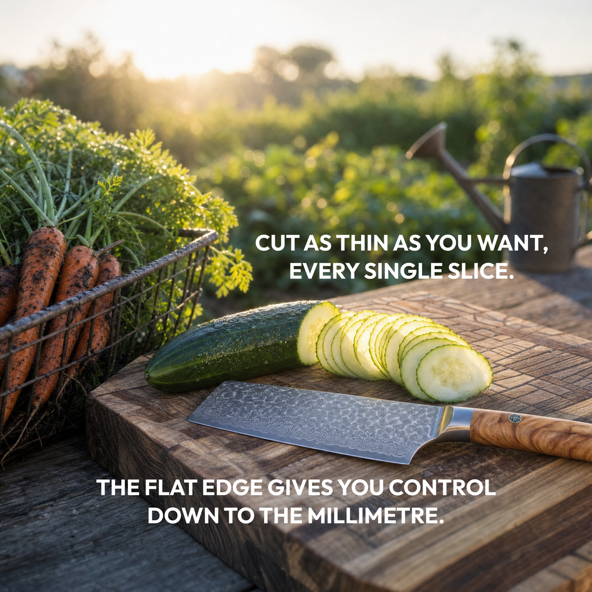 Nakiri Vegetable Knife 17 cm, Galaxy Takumi, thinly sliced courgette in a vegetable garden