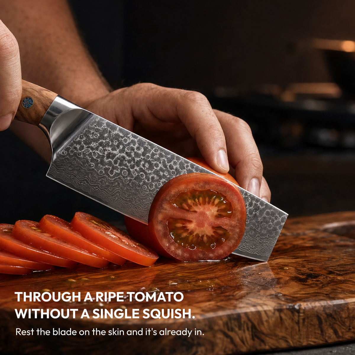 Nakiri Vegetable Knife 17 cm, Galaxy Takumi, slicing a ripe tomato