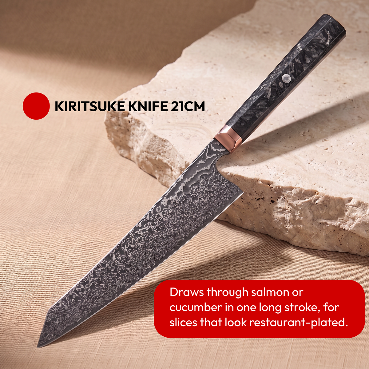 Japanese Damascus Knife Set, 4 Pieces, Galaxy Obsidian, kiritsuke knife 21 cm on natural stone