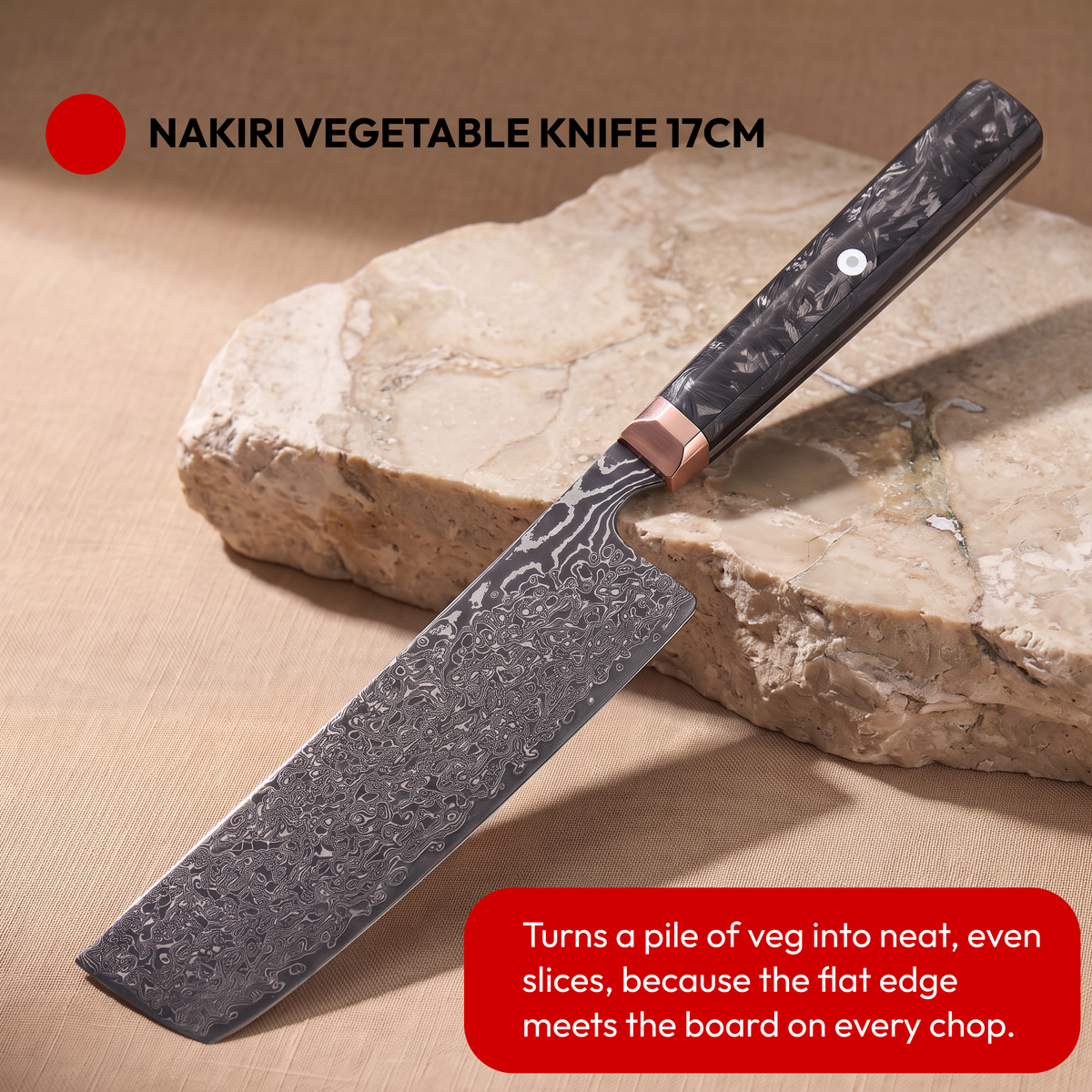 Japanese Damascus Knife Set, 4 Pieces, Galaxy Obsidian, nakiri vegetable knife 17 cm on natural stone