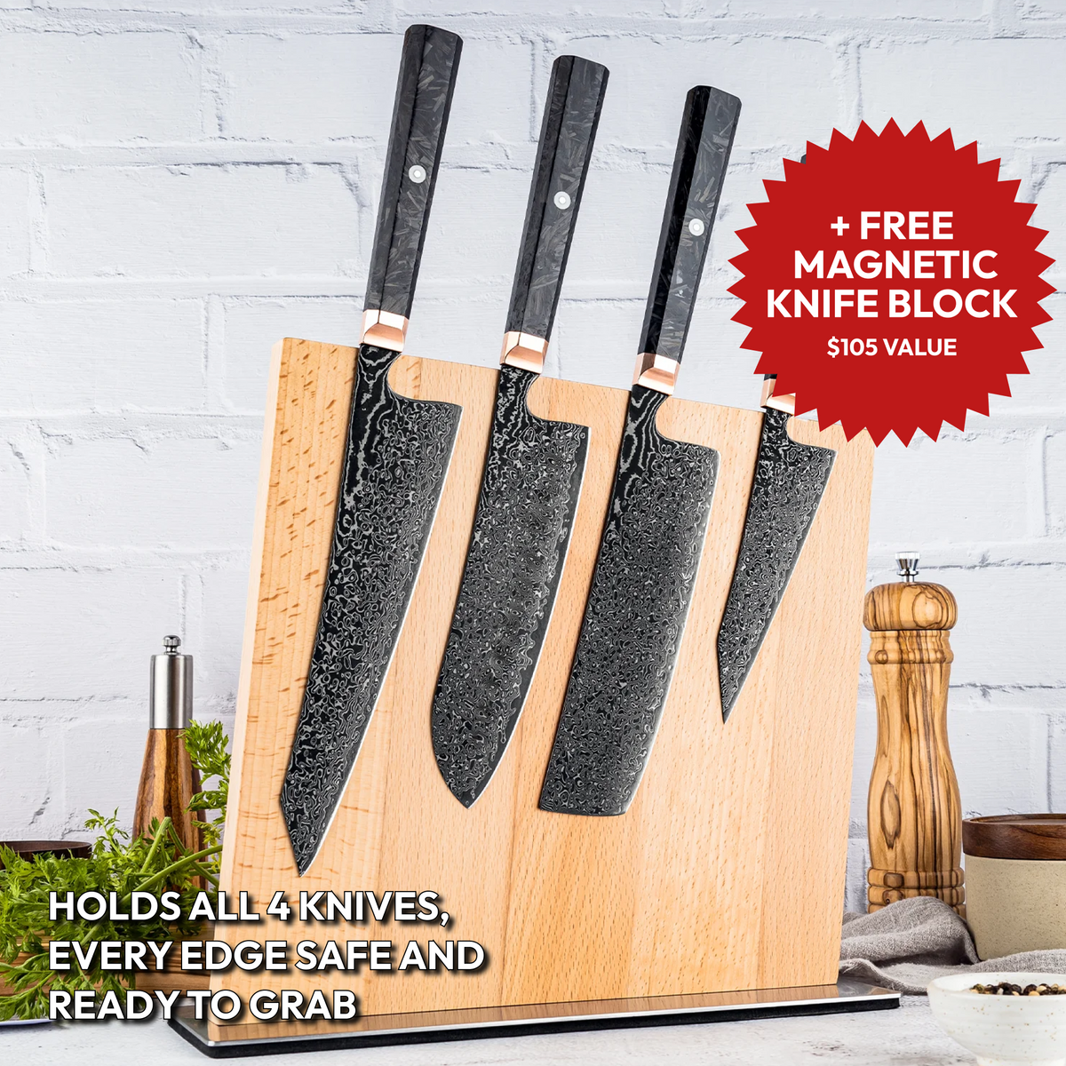 Japanese Damascus Knife Set, 4 Pieces, Galaxy Obsidian, in the magnetic wooden knife block