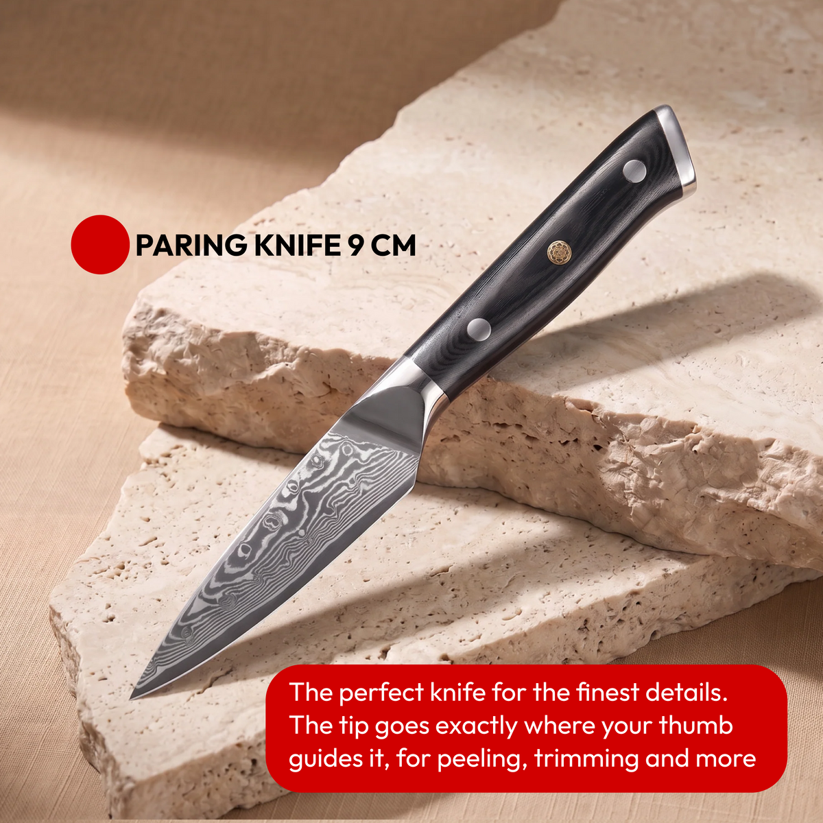 Japanese Damascus Knife Set, 9 Pieces, Galaxy Orion, paring knife 9 cm on natural stone