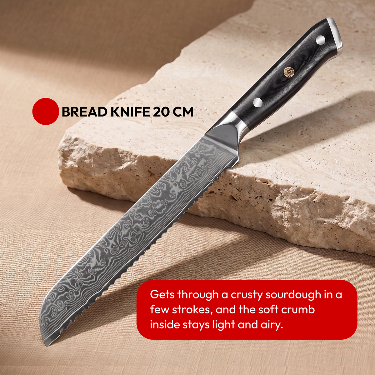 Japanese Damascus Knife Set, 9 Pieces, Galaxy Orion, bread knife 20 cm on natural stone