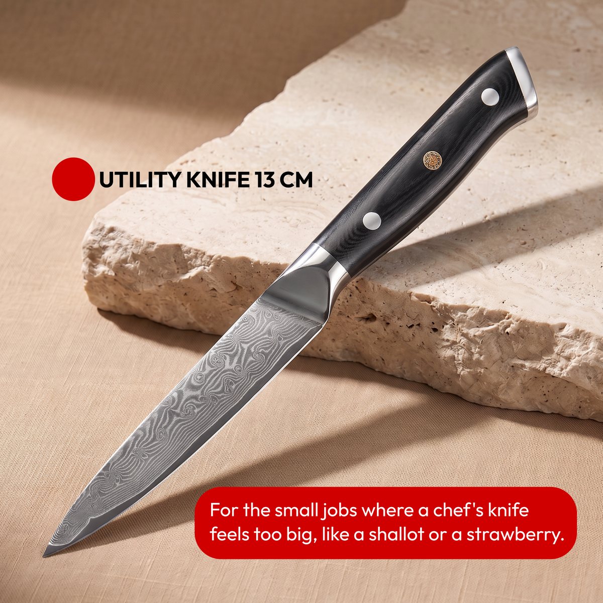 Japanese Damascus Knife Set, 9 Pieces, Galaxy Orion, utility knife 13 cm on natural stone