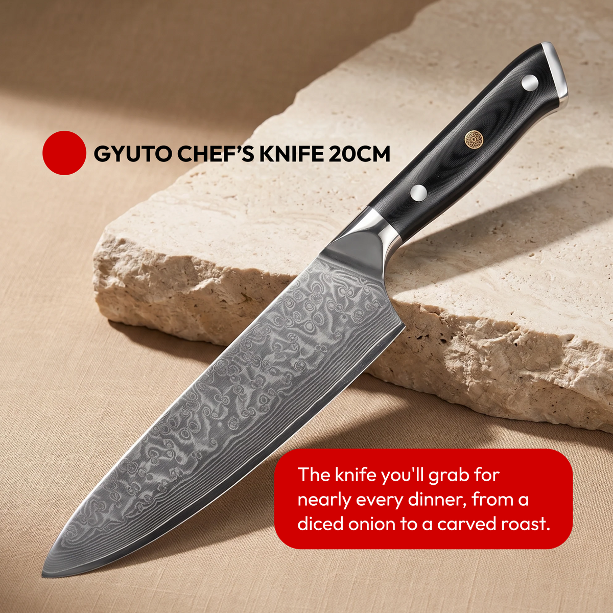 Japanese Damascus Knife Set, 9 Pieces, Galaxy Orion, gyuto chef's knife 20 cm on natural stone