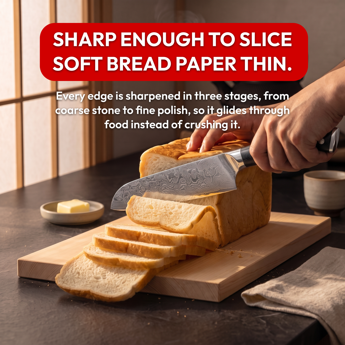 Santoku Knife 18 cm, Galaxy Orion, slicing soft white bread