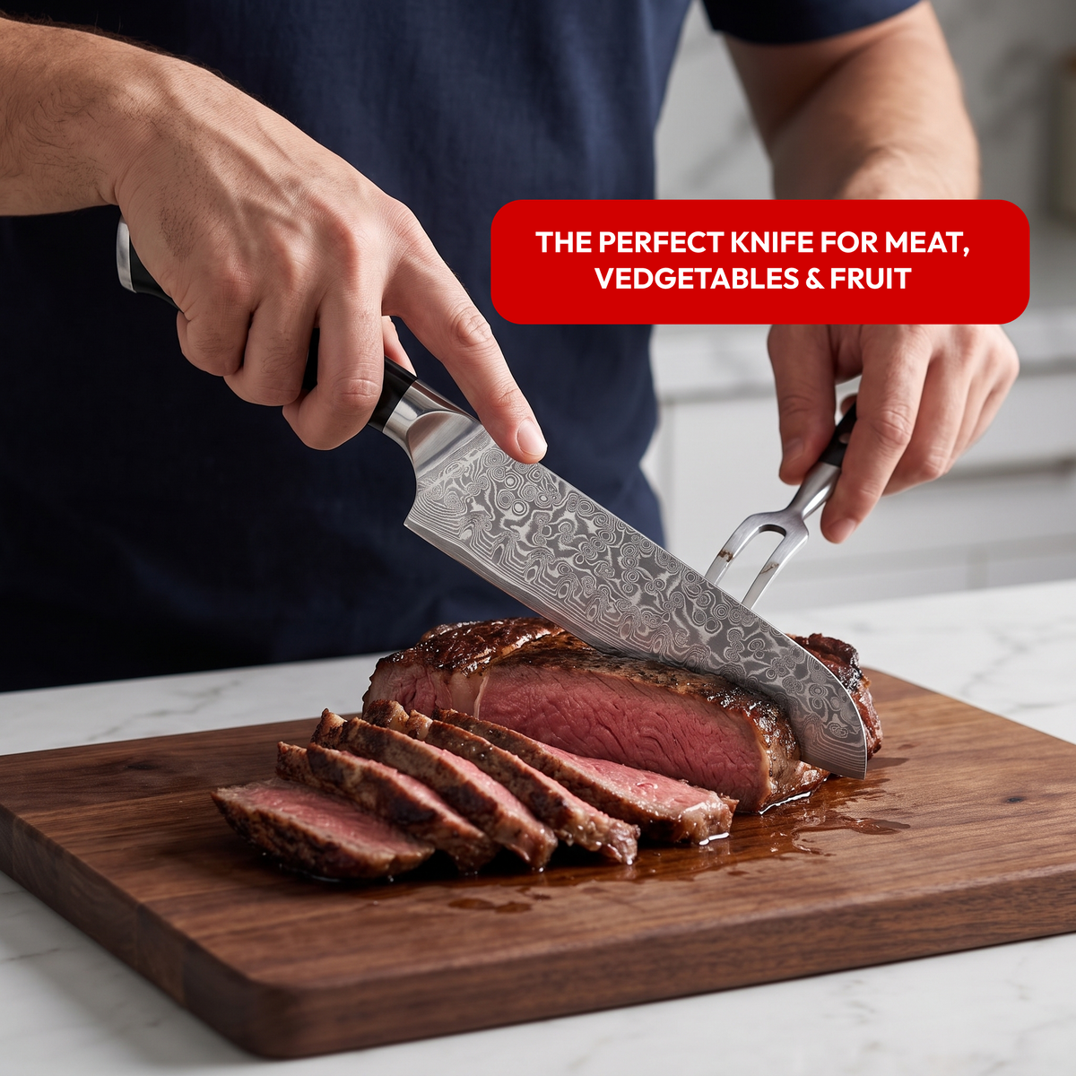Santoku Knife 18 cm, Galaxy Orion, slicing a seared steak