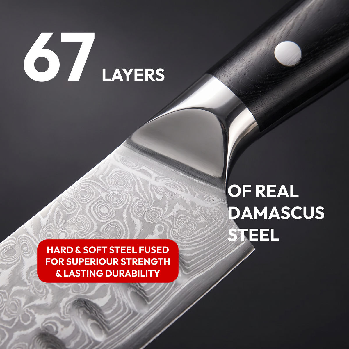 Santoku Knife 18 cm, Galaxy Orion, close-up of 67-layer Damascus steel blade