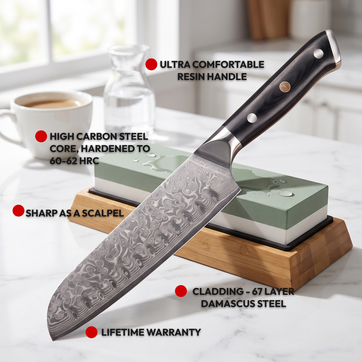 Santoku Knife 18 cm, Galaxy Orion, features: black resin handle, high carbon steel core, lifetime warranty