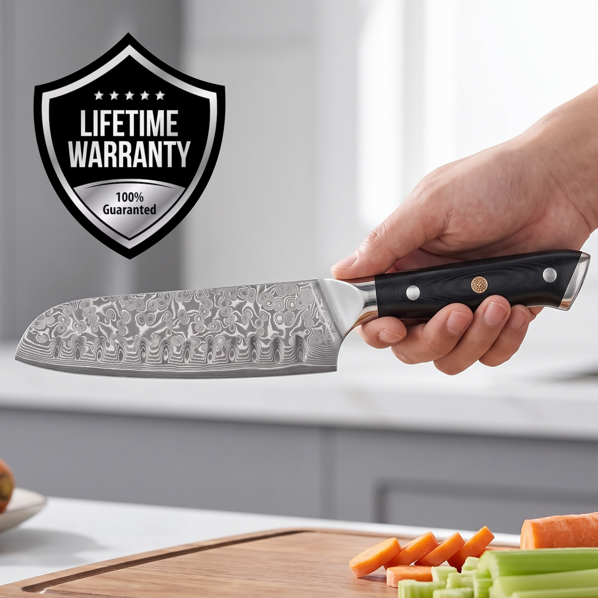 Santoku Knife 18 cm, Galaxy Orion, black handle in hand with lifetime warranty badge