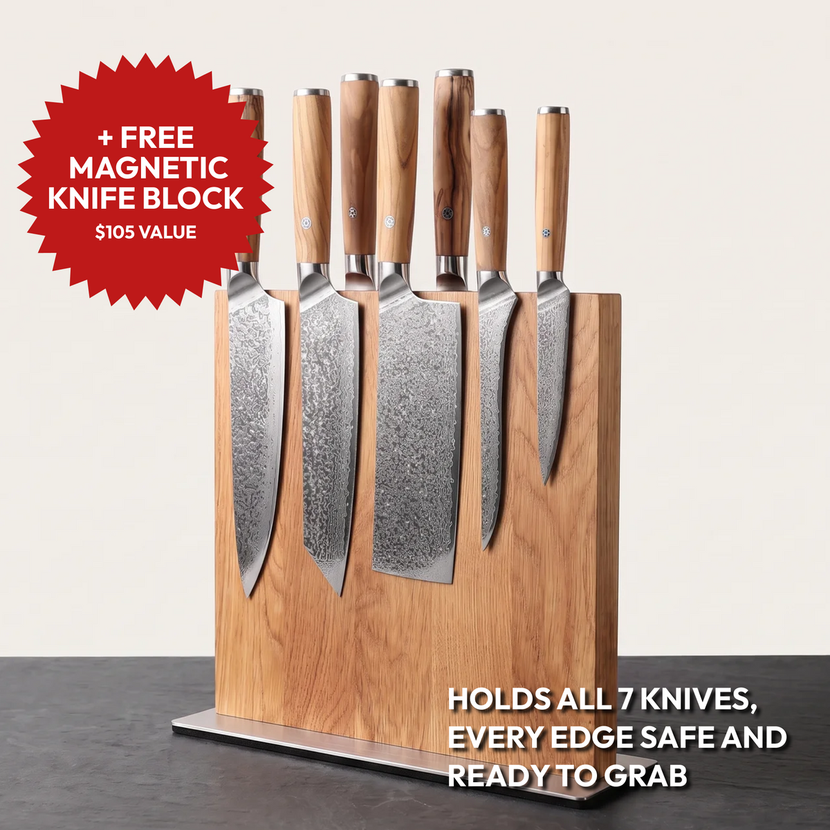 Japanese Damascus Knife Set, 7 Pieces, Galaxy Takumi, in the magnetic wooden knife block