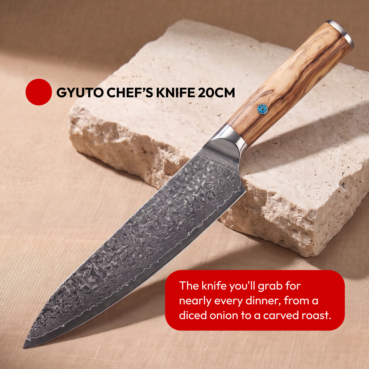 Japanese Damascus Knife Set, 7 Pieces, Galaxy Takumi, gyuto chef's knife 20 cm on natural stone