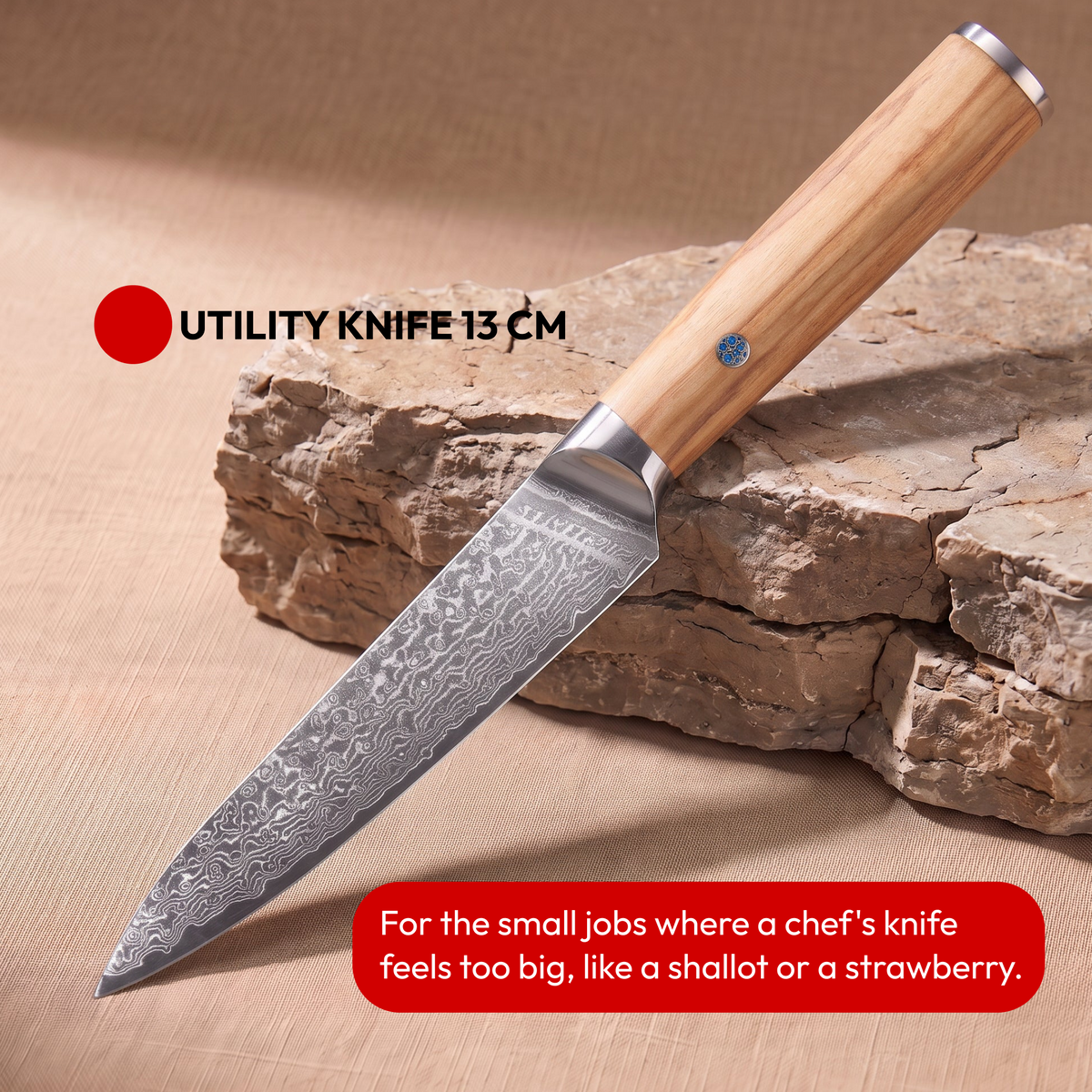 Japanese Damascus Knife Set, 7 Pieces, Galaxy Takumi, utility knife 13 cm on natural stone