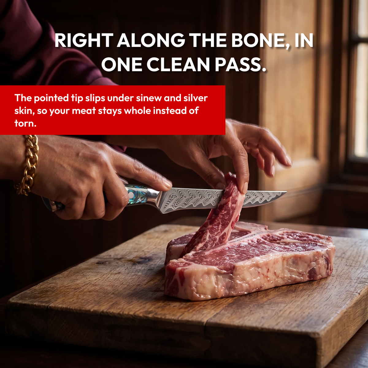 Boning Knife 15 cm, Galaxy Aurora, cutting along the bone of a steak
