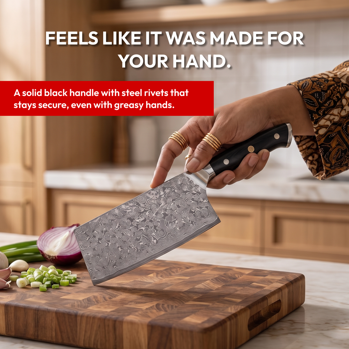 Cleaver Knife 18 cm, Galaxy Orion, black riveted handle in hand