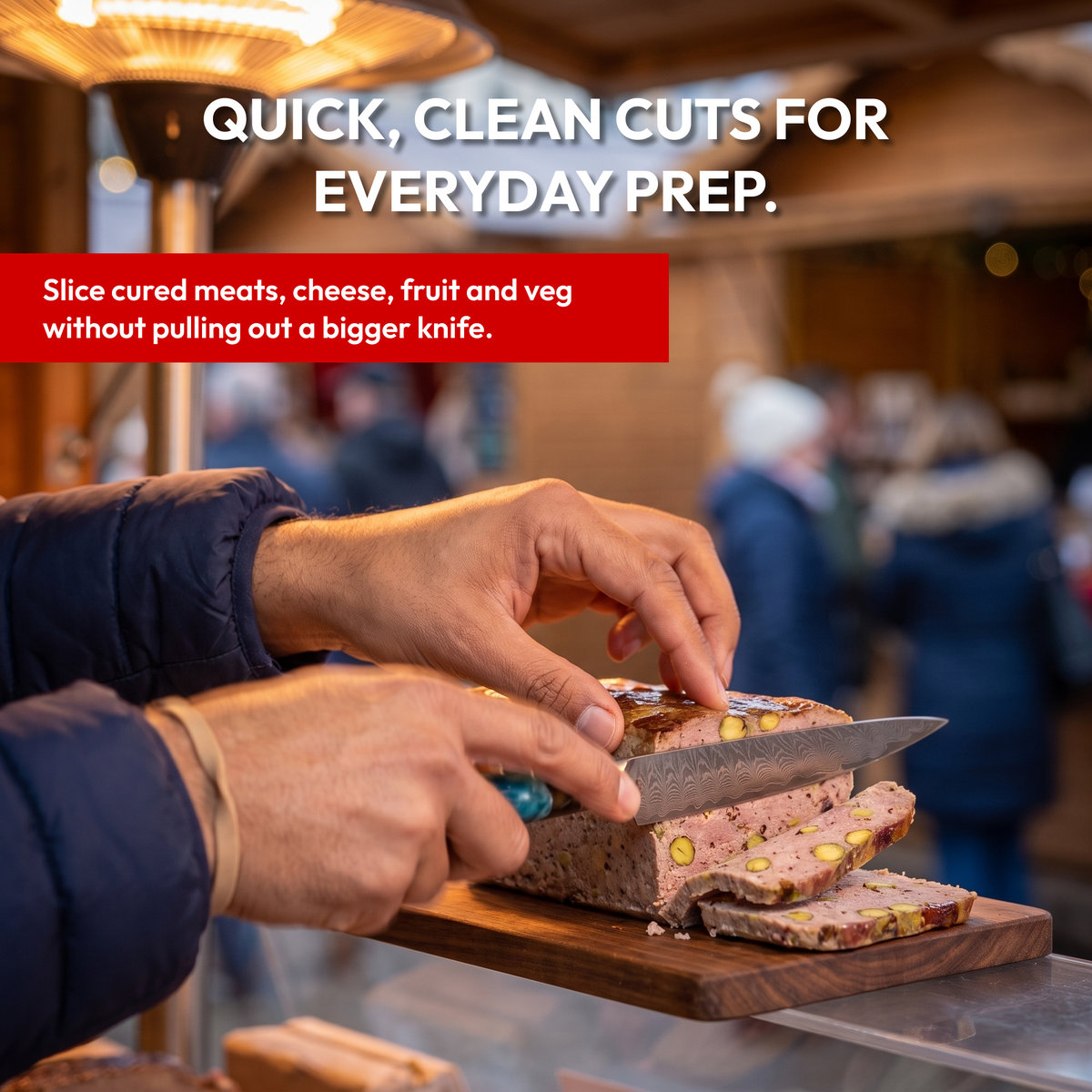 Utility Knife 13 cm, Galaxy Tenshi, slicing terrine at a market