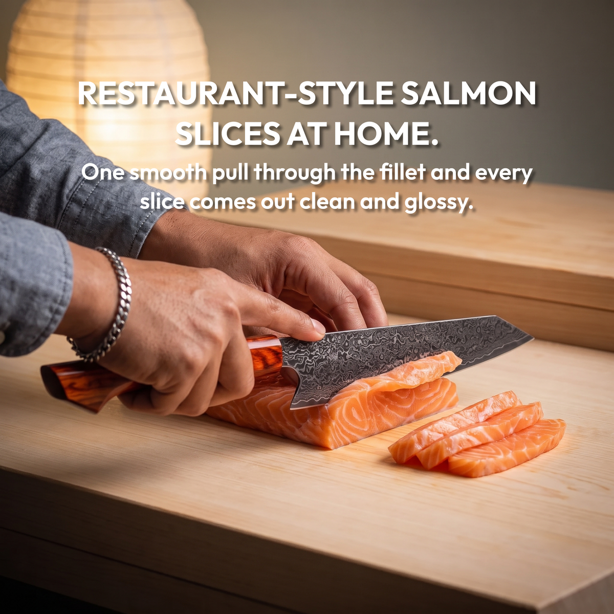 Kiritsuke Knife 19 cm, Galaxy Heritage, slicing salmon