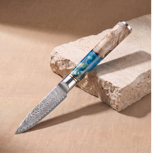 Paring Knife 9 cm, Japanese Damascus steel, Galaxy Tenshi, blue resin and burl wood handle, on natural stone