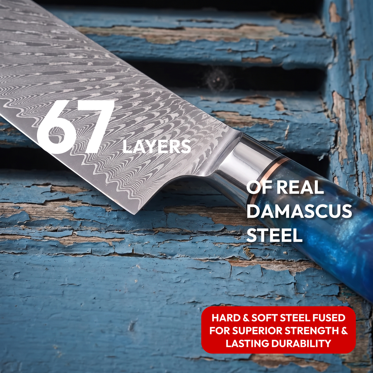 Gyuto Chef's Knife 24 cm, Galaxy Tenshi, close-up of 67-layer Damascus steel blade