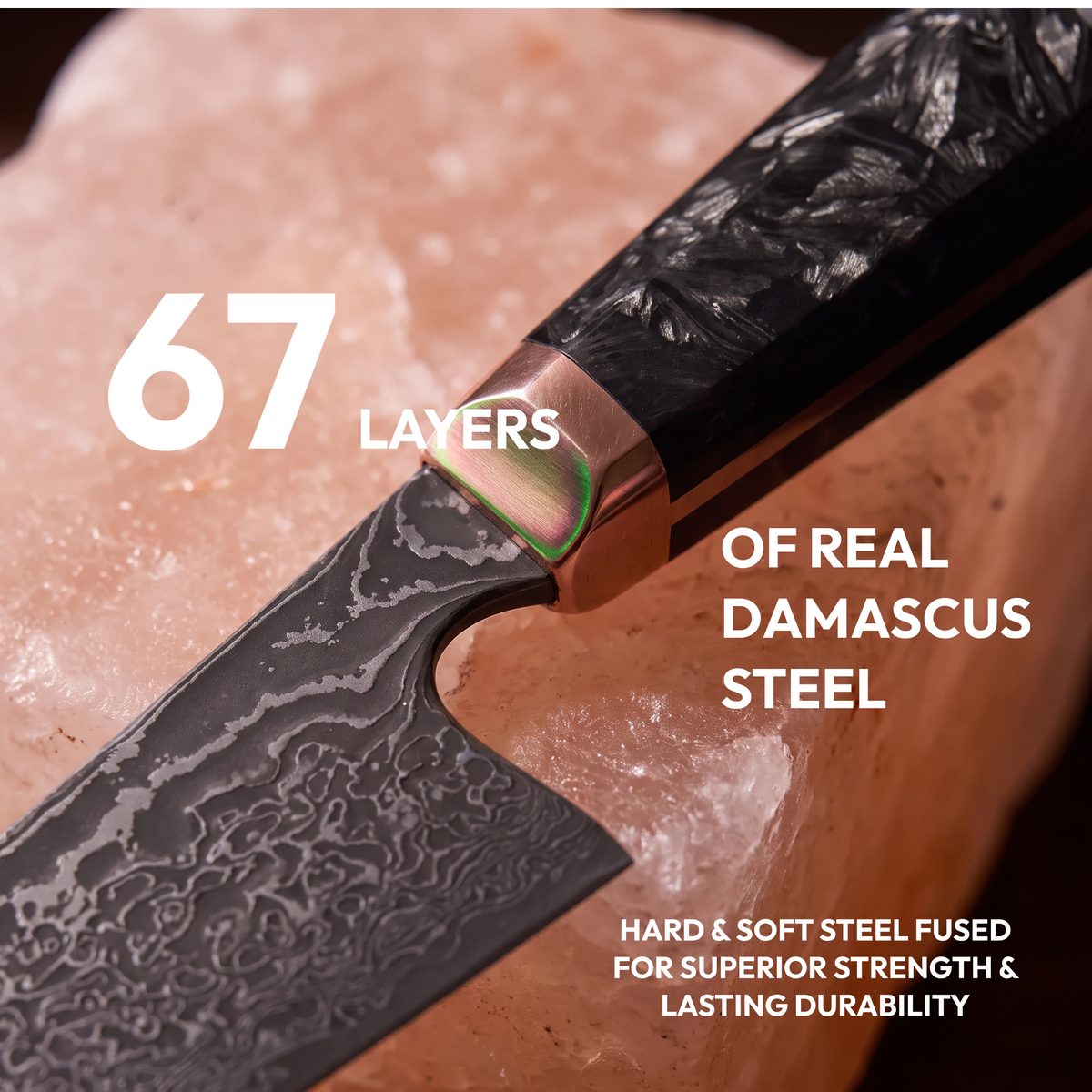 Kiritsuke Knife 21 cm, Galaxy Obsidian, close-up of 67-layer Damascus steel blade
