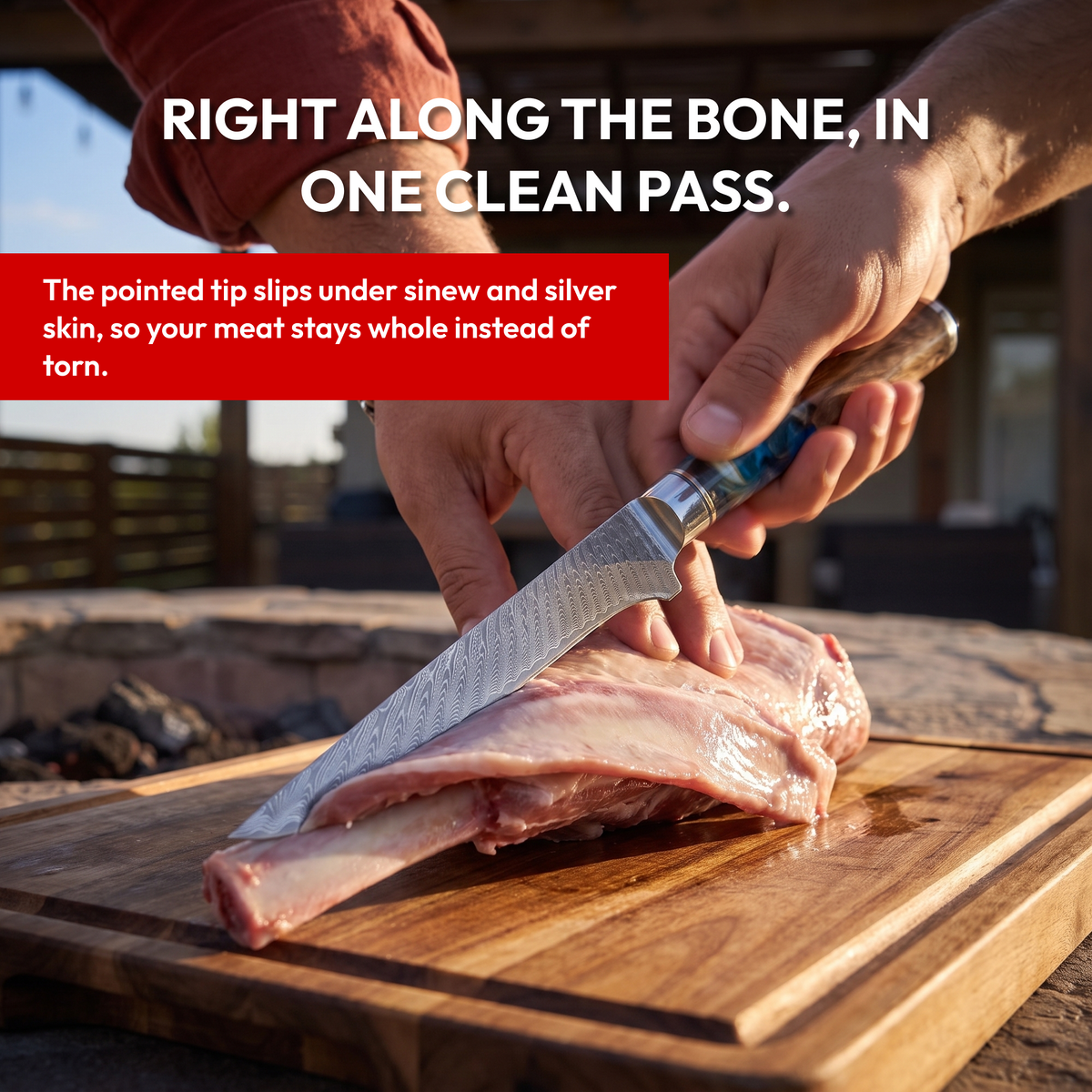 Boning Knife 15 cm, Galaxy Tenshi, cutting along the bone of a lamb leg