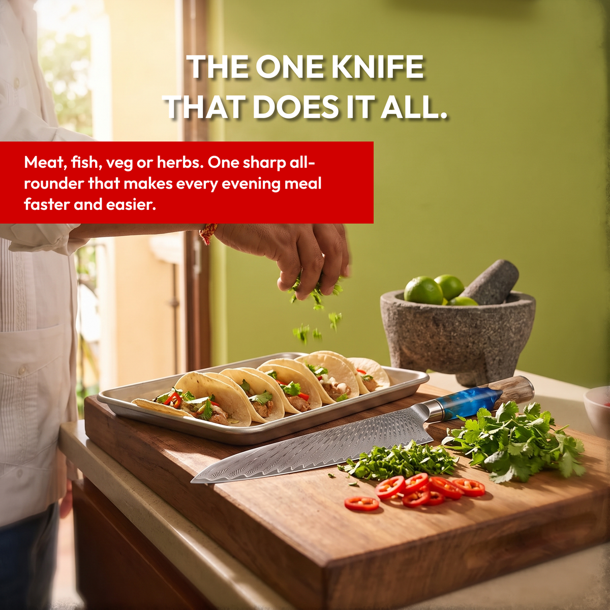 Gyuto Chef's Knife 24 cm, Galaxy Tenshi, prepping tacos with fresh herbs