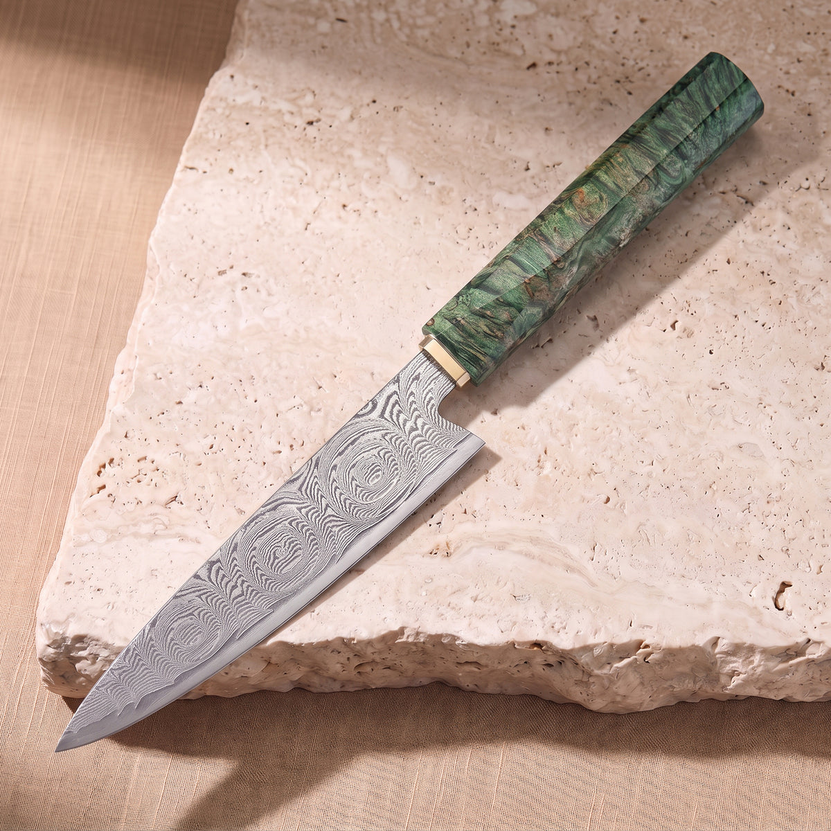 Utility Knife 13 cm, Japanese Damascus steel, Galaxy Midori no Sho, green resin burl handle, on natural stone