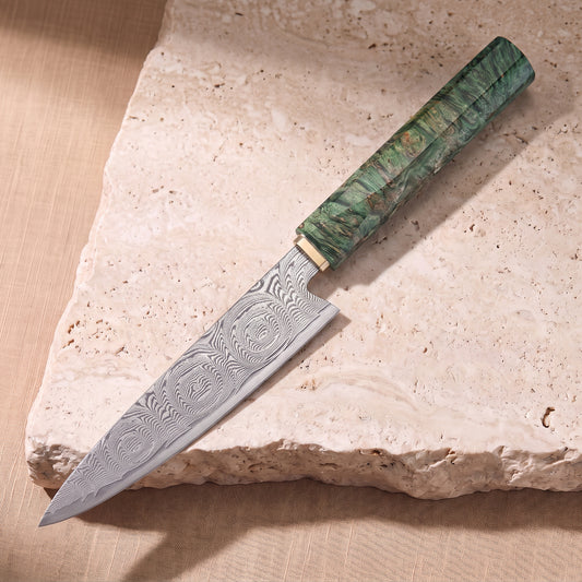 Utility Knife 13 cm, Japanese Damascus steel, Galaxy Midori no Sho, green resin burl handle, on natural stone