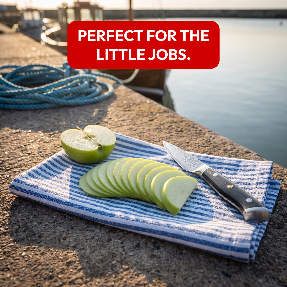 Paring Knife 9 cm, Galaxy Orion, with sliced apple by the harbour