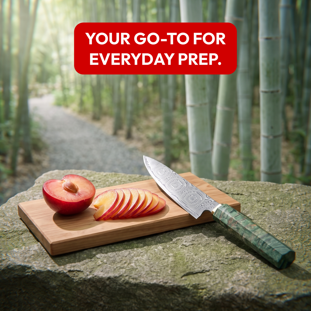 Utility Knife 13 cm, Galaxy Midori no Shō, with sliced plum in a bamboo forest