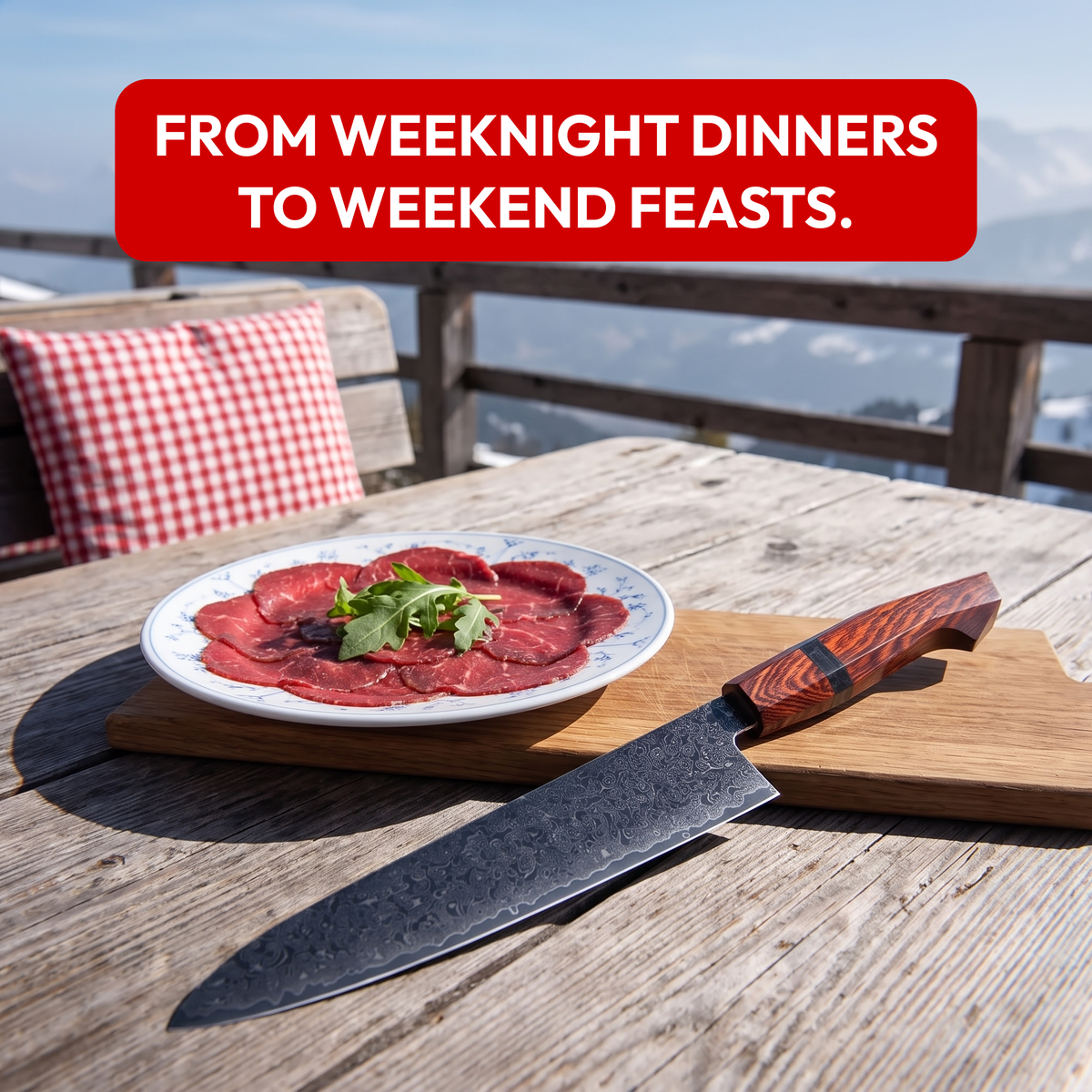 Gyuto Chef's Knife 23 cm, Galaxy Heritage, with carpaccio on a mountain terrace