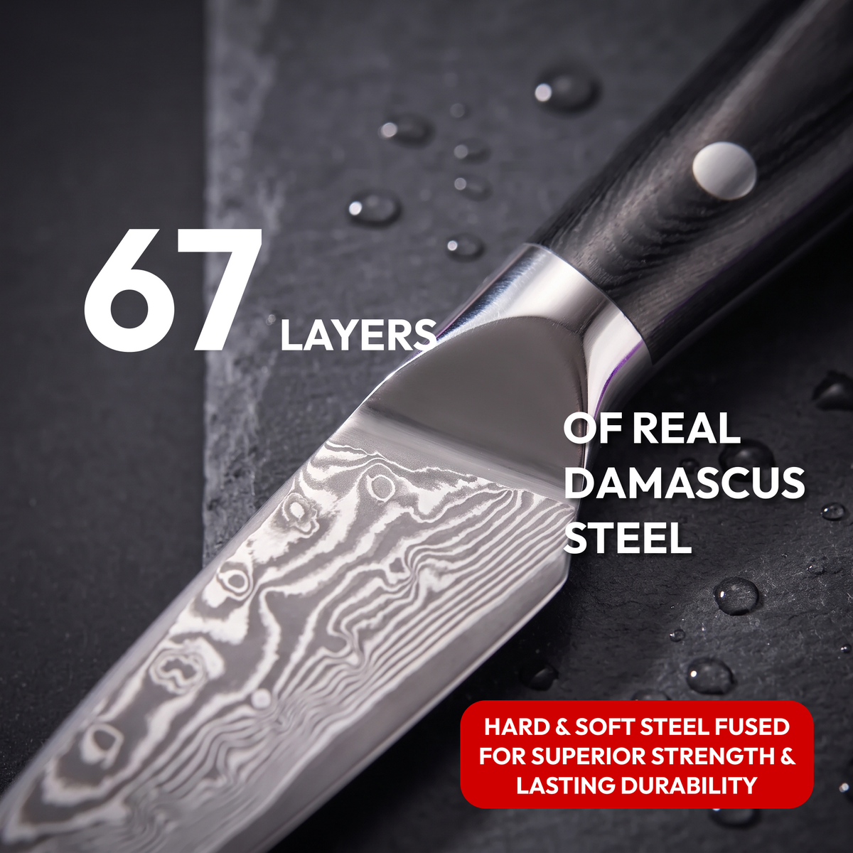 Paring Knife 9 cm, Galaxy Orion, close-up of 67-layer Damascus steel blade