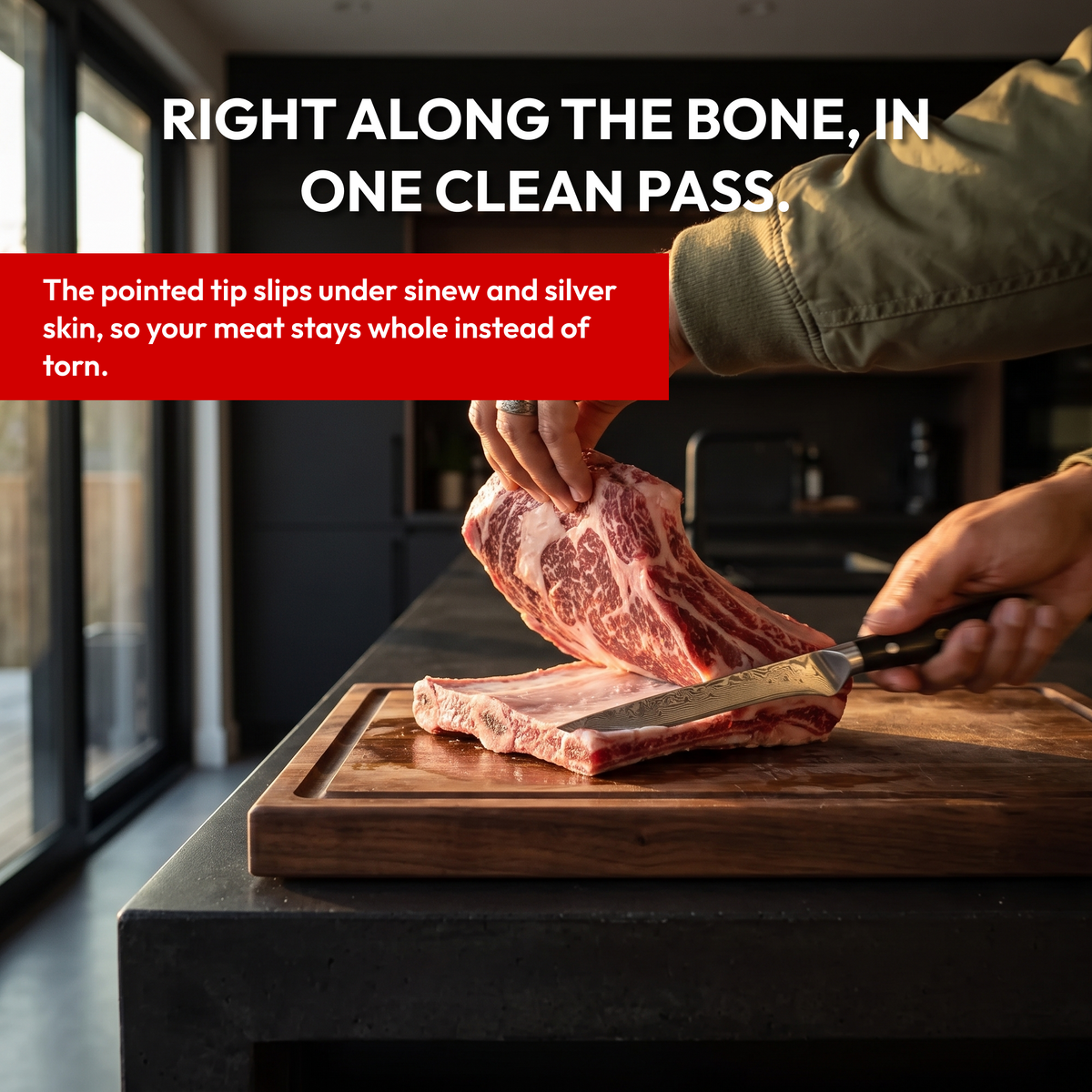 Boning Knife 15 cm, Galaxy Orion, cutting along the bone of a beef cut